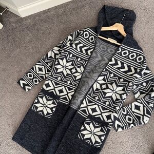 Monteau Cardigan Womens Blue White Hooded Open Front Patterned